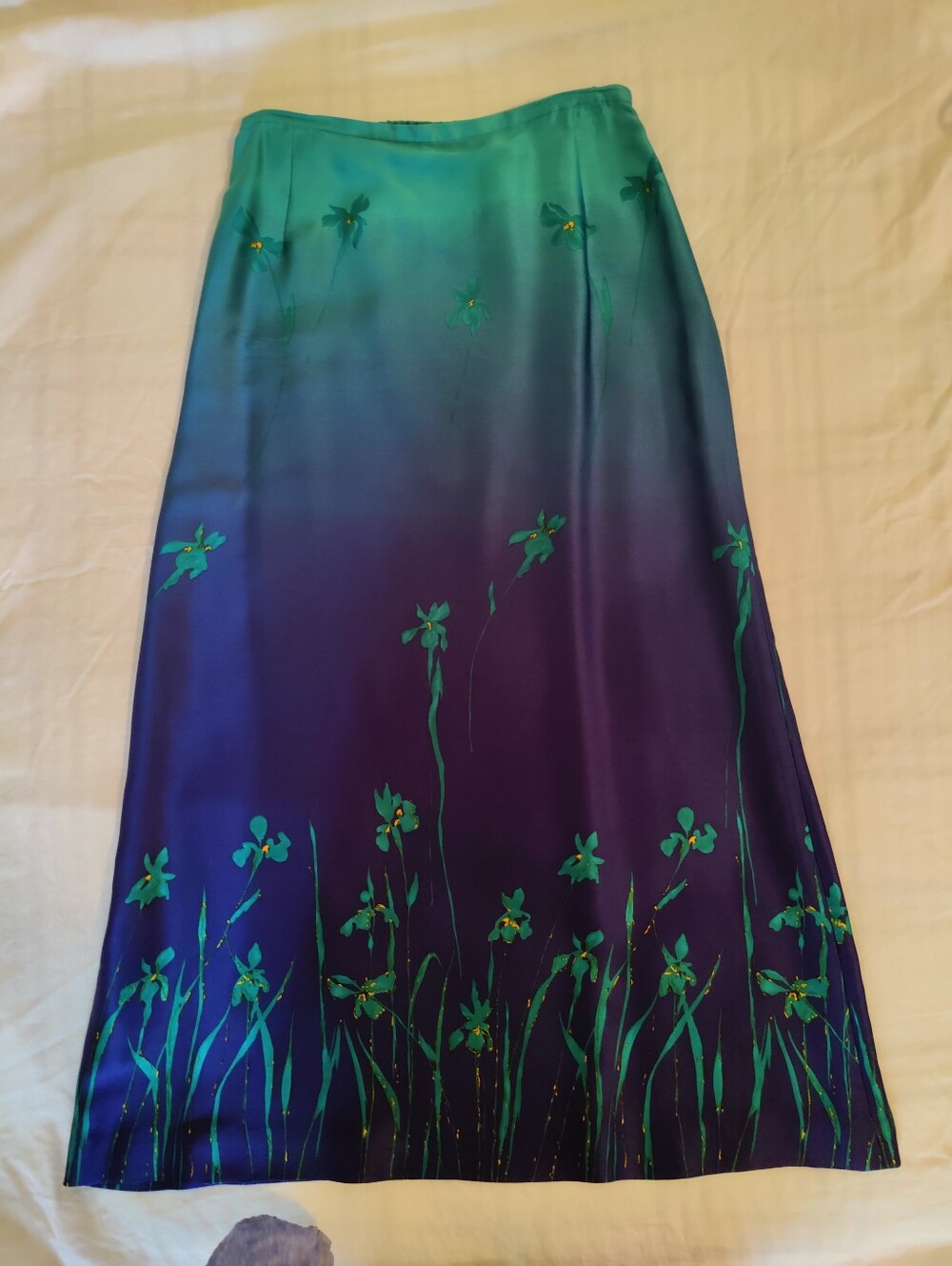 90s Doncaster Iris Flower Ombre Green & Purple Silk Satin Maxi Skirt